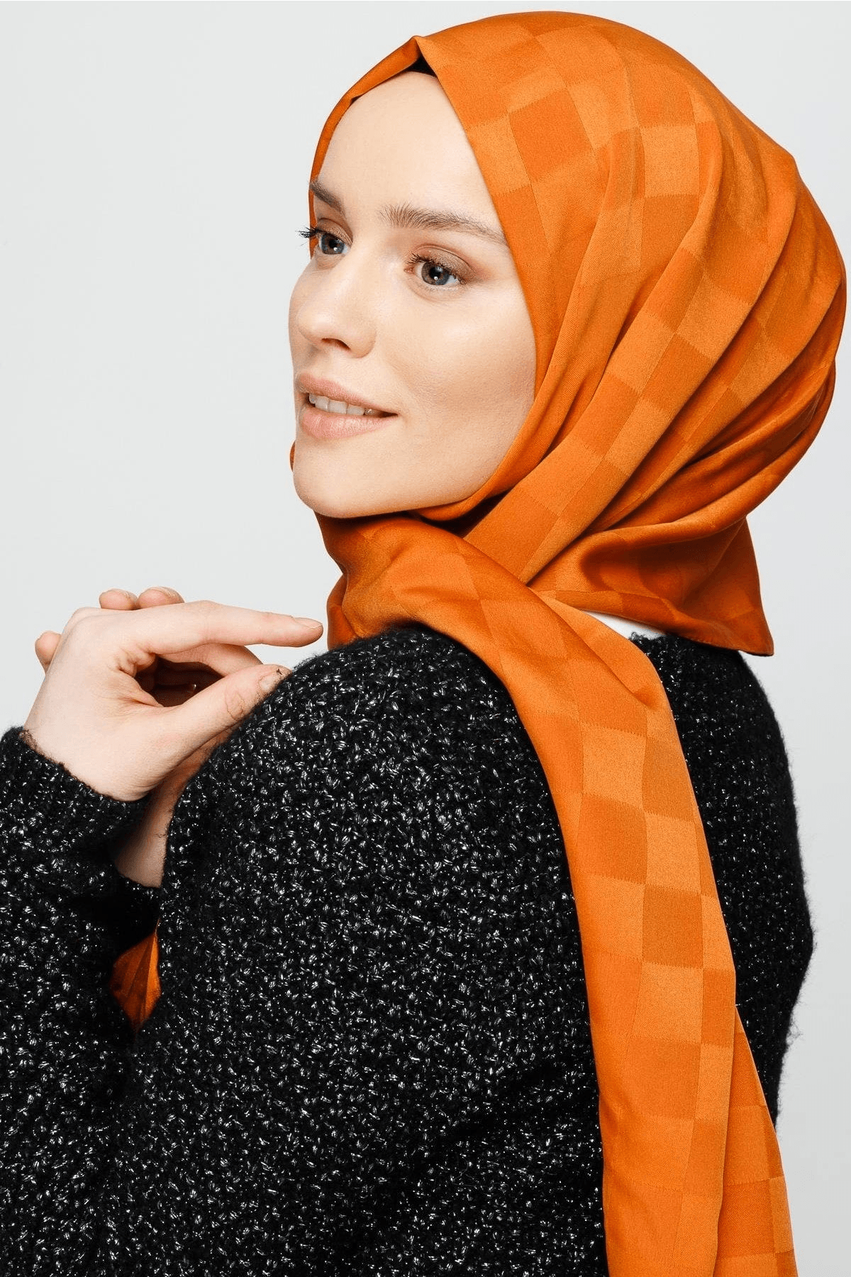 Kiremit Dama Desen İpeksi Jakar Şal - görsel 3