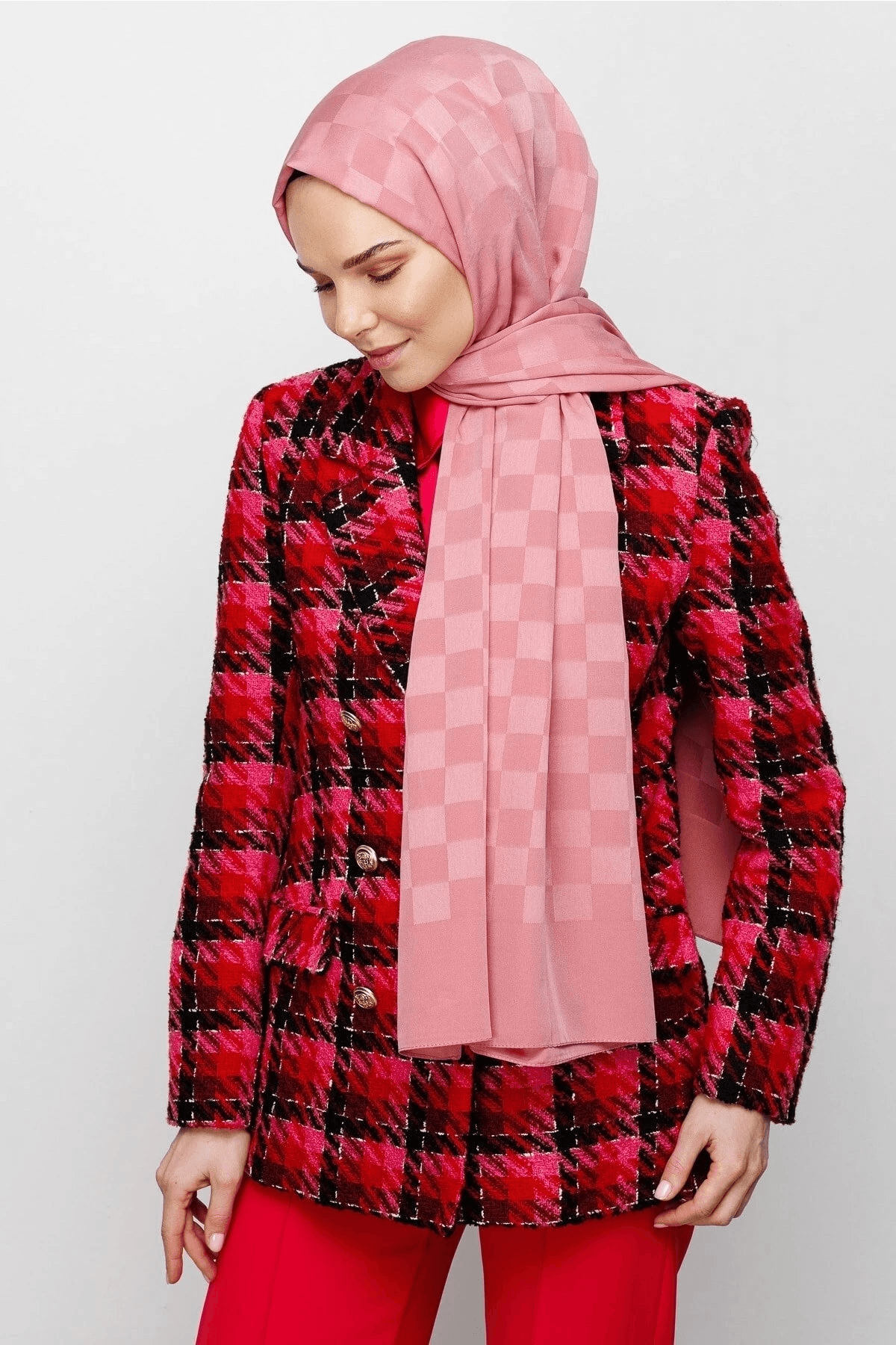 Pembe Dama Desen İpeksi Jakar Şal
