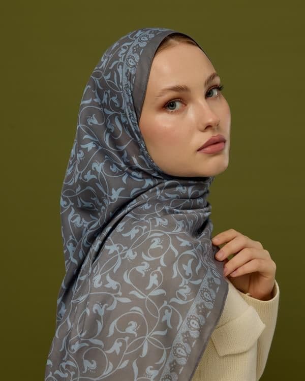Füme Kahve & Buz Mavi Lale Bahçesi Desen Şal - 50