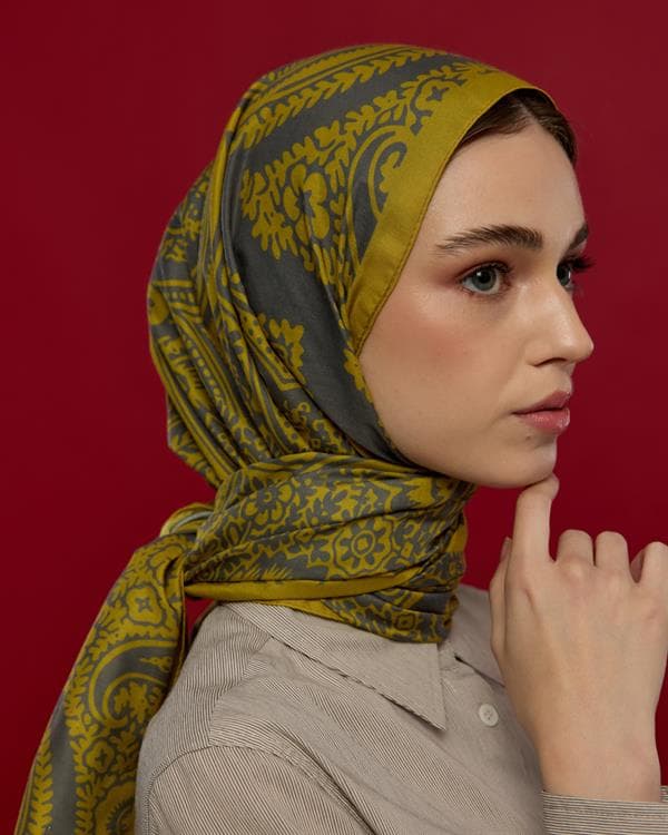 Hasat Sarısı & Kurşun Gri Sultani Desen Şal - 46