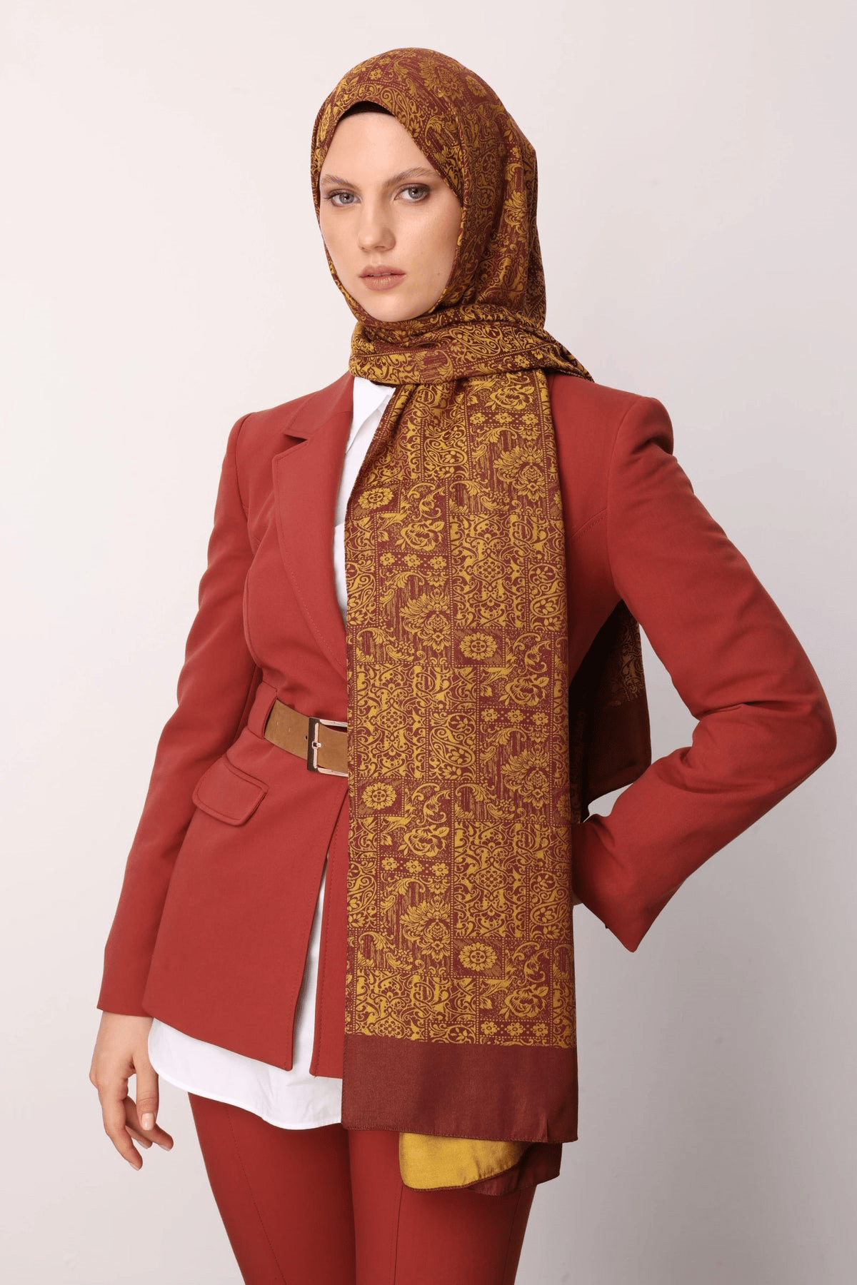 Mürdüm-Sarı Henna Desen Çift Taraflı Şal - görsel 3