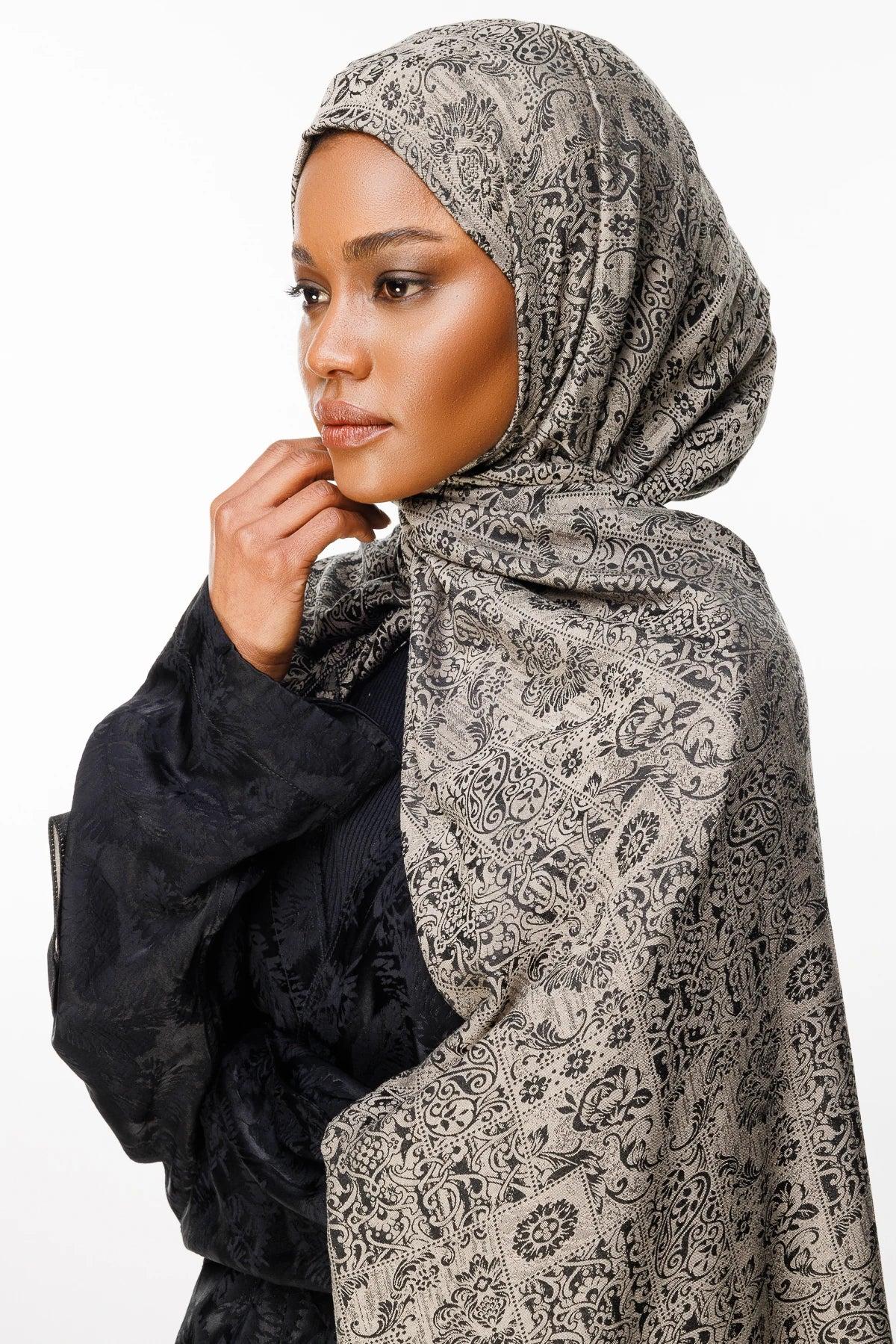 Siyah-Bej Henna Desen Çift Taraflı Şal