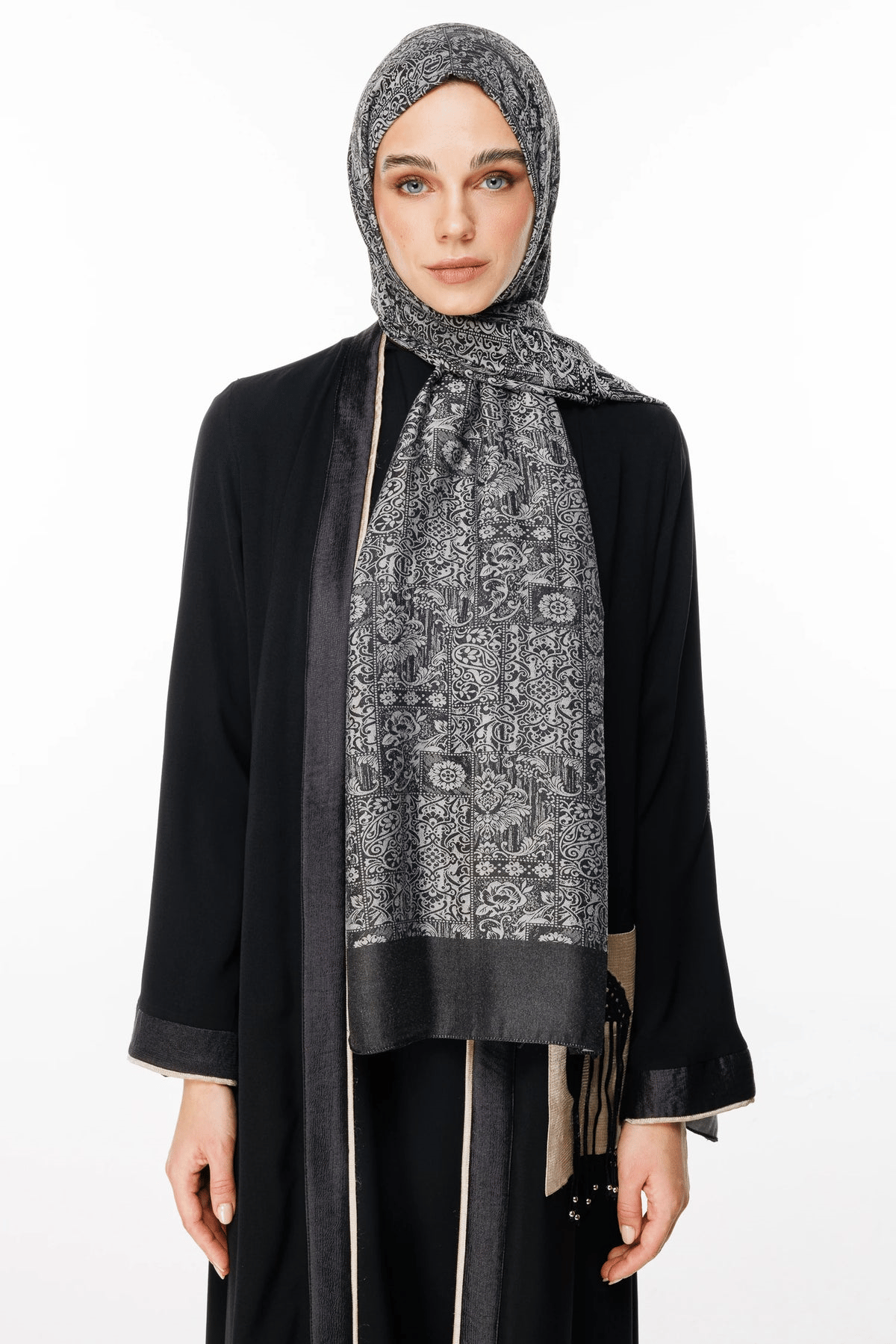 Siyah-Siyah Henna Desen Çift Taraflı Şal - görsel 3