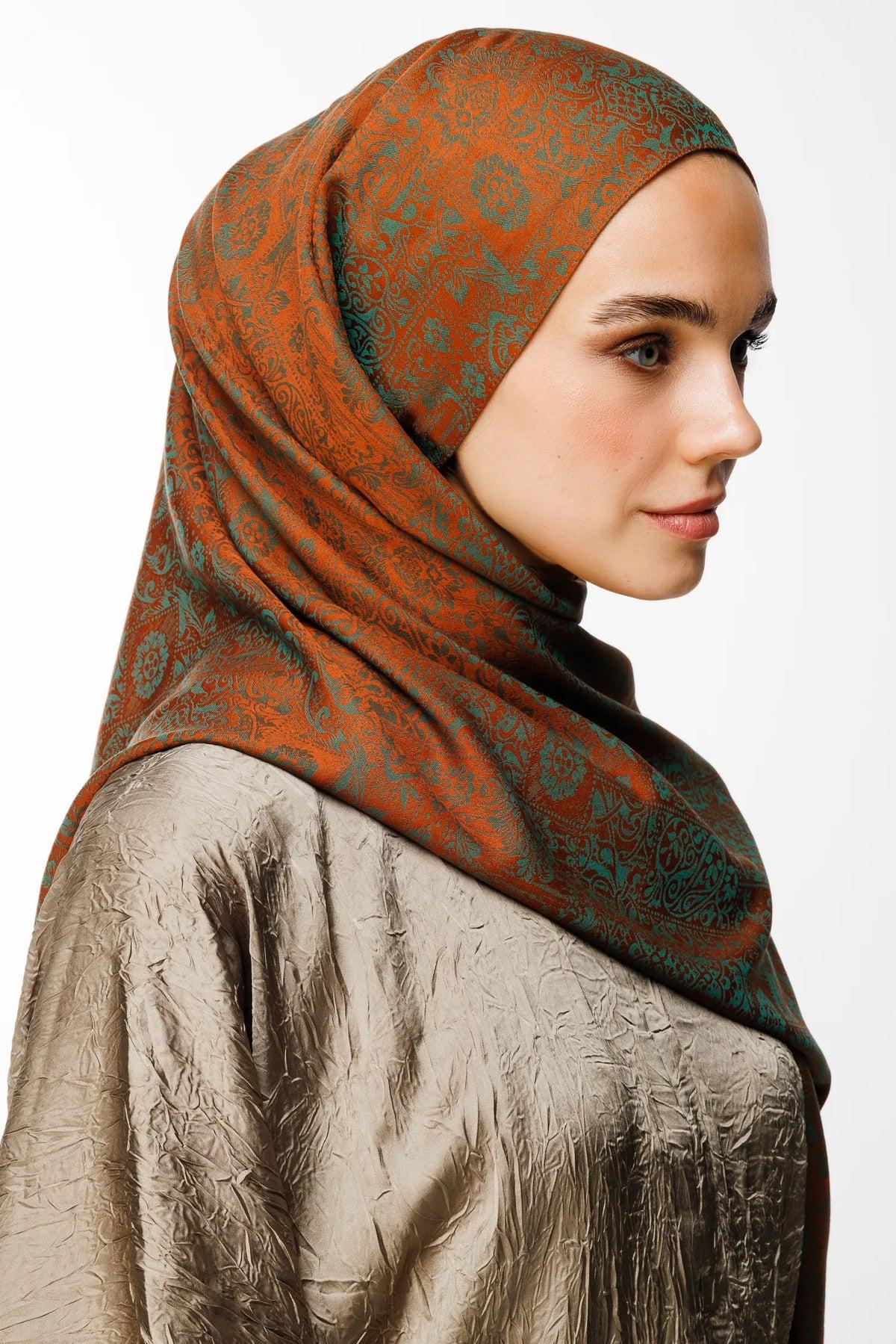 Tarçın-Zümrüt Henna Desen Çift Taraflı Şal