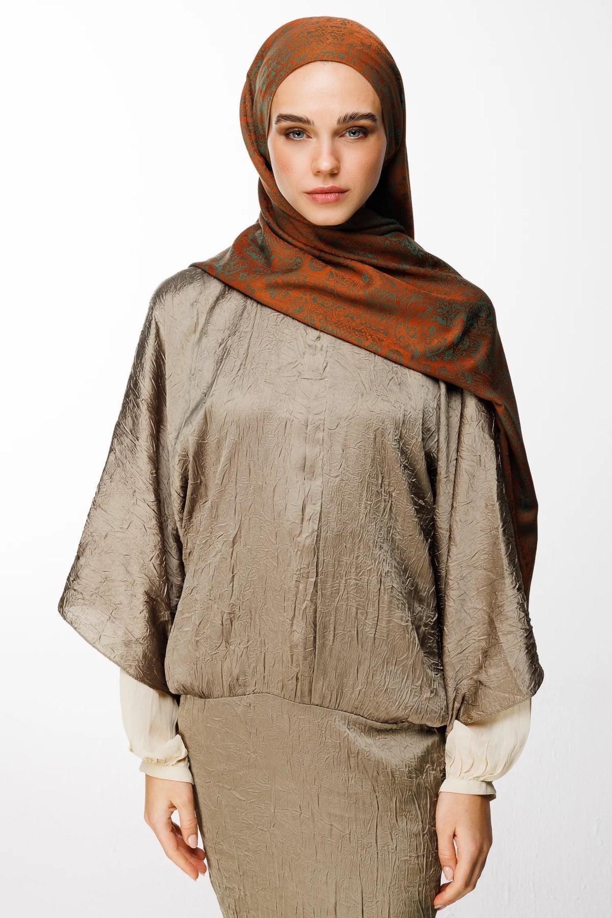 Tarçın-Zümrüt Henna Desen Çift Taraflı Şal - görsel 3