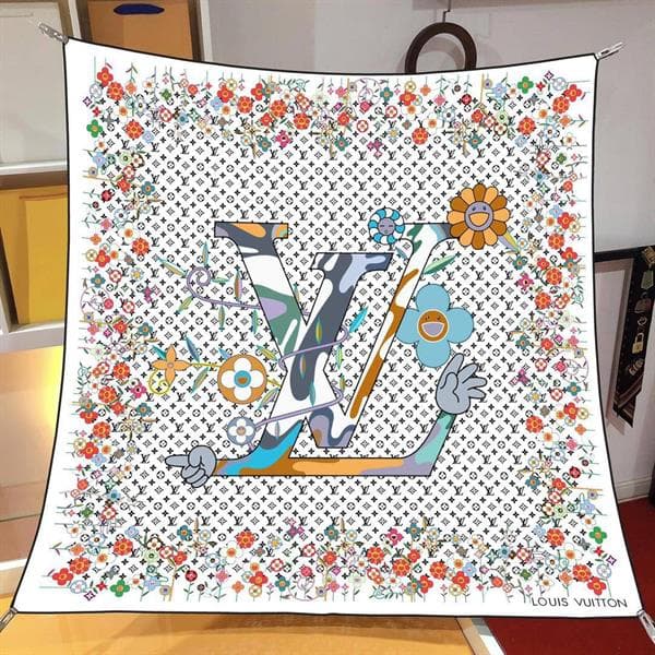 İthal Beyaz LV Flower Desen Twill İpek Eşarp