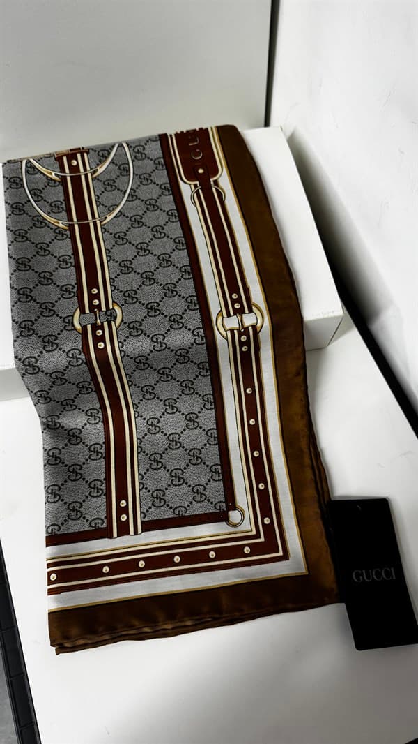 İthal Kahverengi & Gri G Belt Desen Twill İpek Eşarp