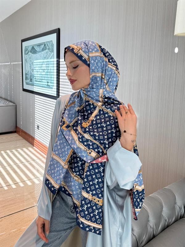 İthal Lacivert & Bordo LV Desen Twill İpek Şal - görsel 4