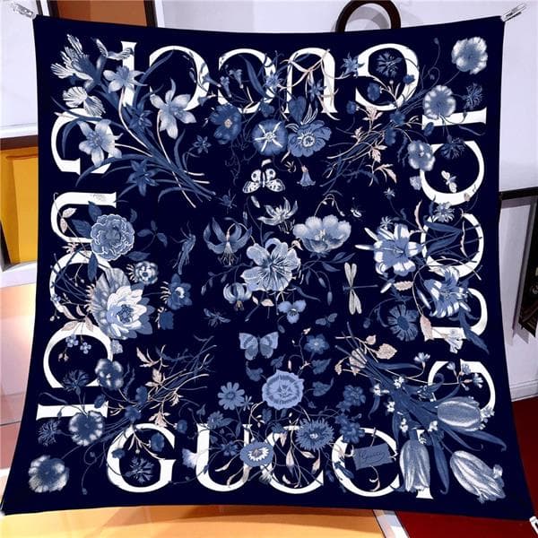 İthal Lacivert G Flower Desen Twill İpek Eşarp