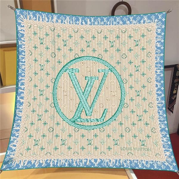 İthal Mavi & Bej LV Desen Twill İpek Eşarp
