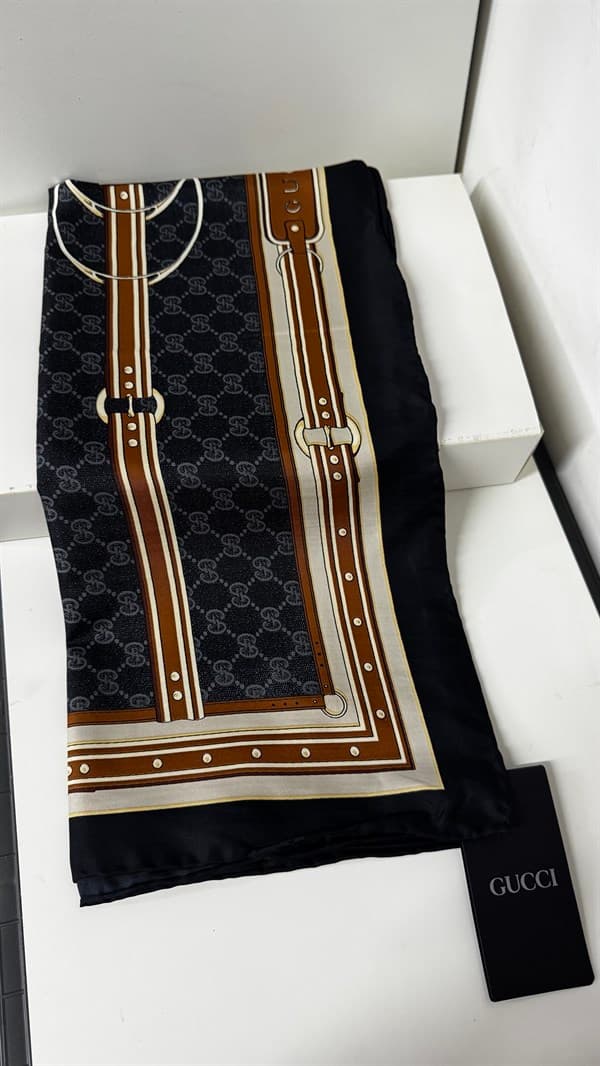 İthal Mocha & Füme G Belt Desen Twill İpek Eşarp