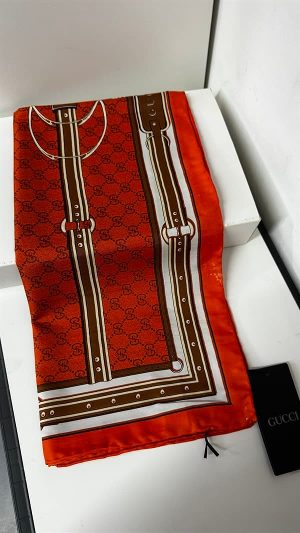 İthal Mocha & Turuncu G Belt Desen Twill İpek Eşarp