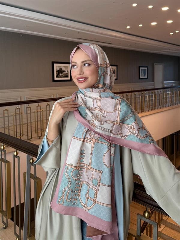 İthal Pudra Pembe & Kiremit GC Zincir Desen Twill İpek Şal