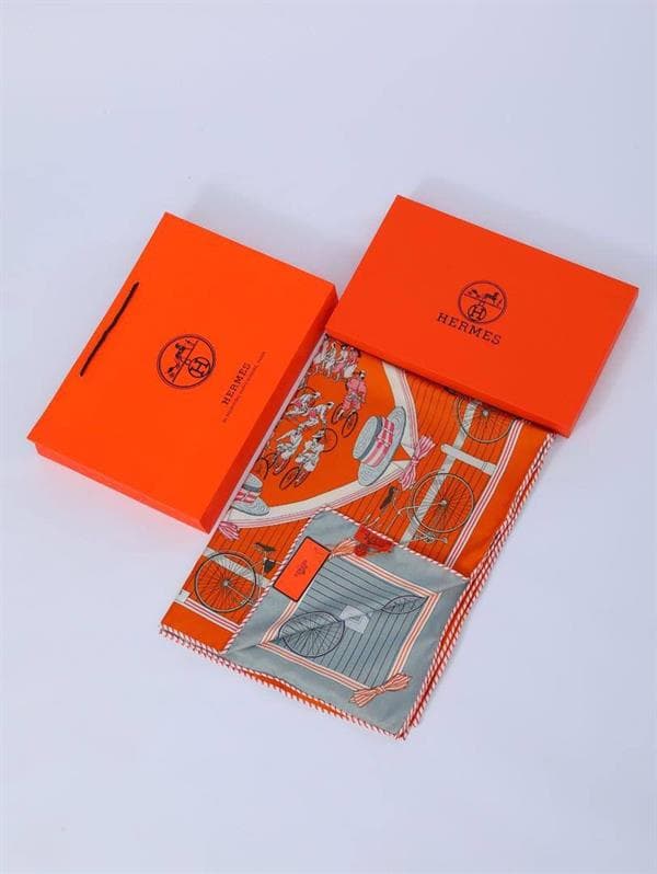 İthal Turuncu & Gri H Desen Twill İpek Şal