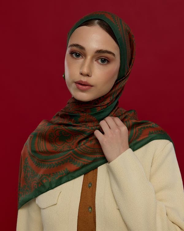 Koyu Yeşil & Kızıl Bakır Sultani Desen Şal - 25