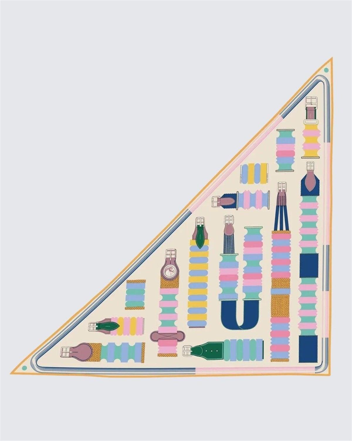 Krem & Pastel Çok Renkli - Geometrik Şerit ve Püskül Desenli Kaşmir Omuz Şalı