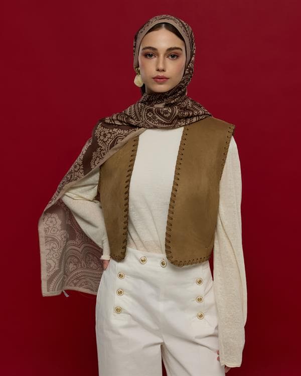 Krem Tarçını & Kakao Sultani Desen Şal - 36 - görsel 3