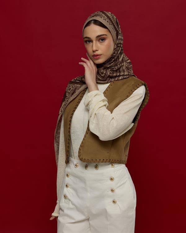 Krem Tarçını & Kakao Sultani Desen Şal - 36 - görsel 4