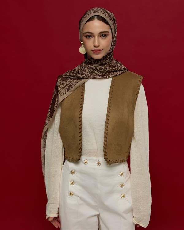 Krem Tarçını & Kakao Sultani Desen Şal - 36 - görsel 2