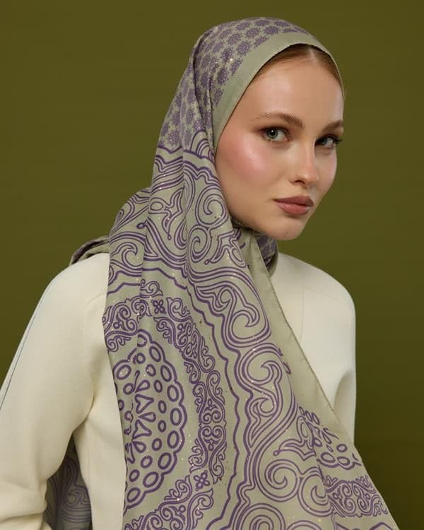 Krem Zencefil & Menekşe Bala Hatun Desen Şal - 04