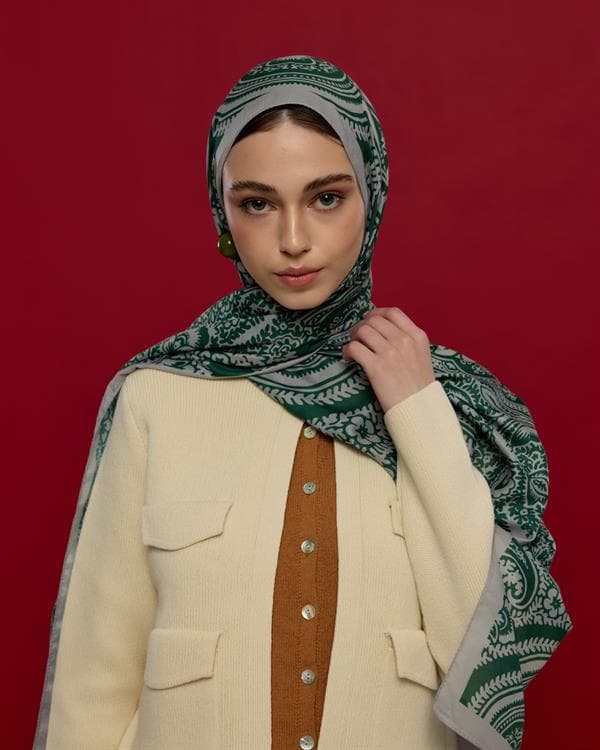 Krem & Zümrüt Sultani Desen Şal - 56 - görsel 2