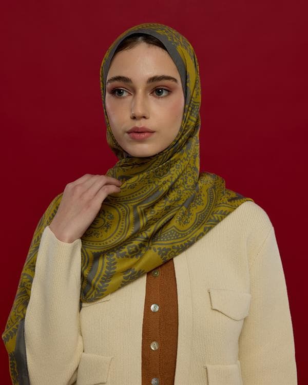 Kurşun Gri & Hasat Sarısı Sultani Desen Şal - 45