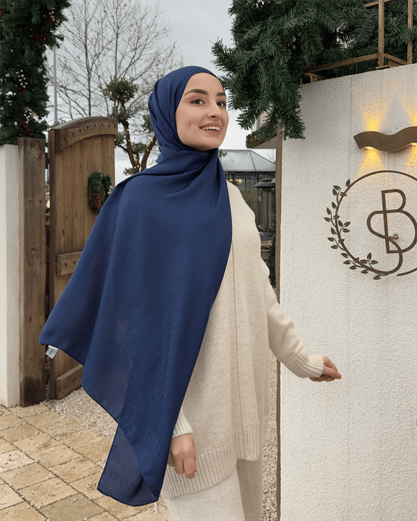 Lacivert Döngü Desen Jakar Şal