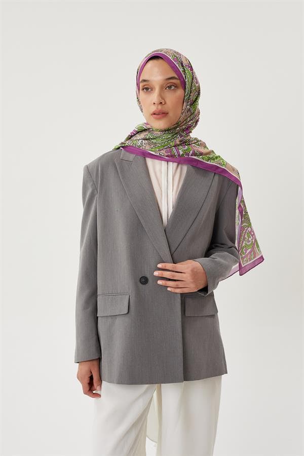 Mor & Koyu Vizon Retro Desen Şal - görsel 3