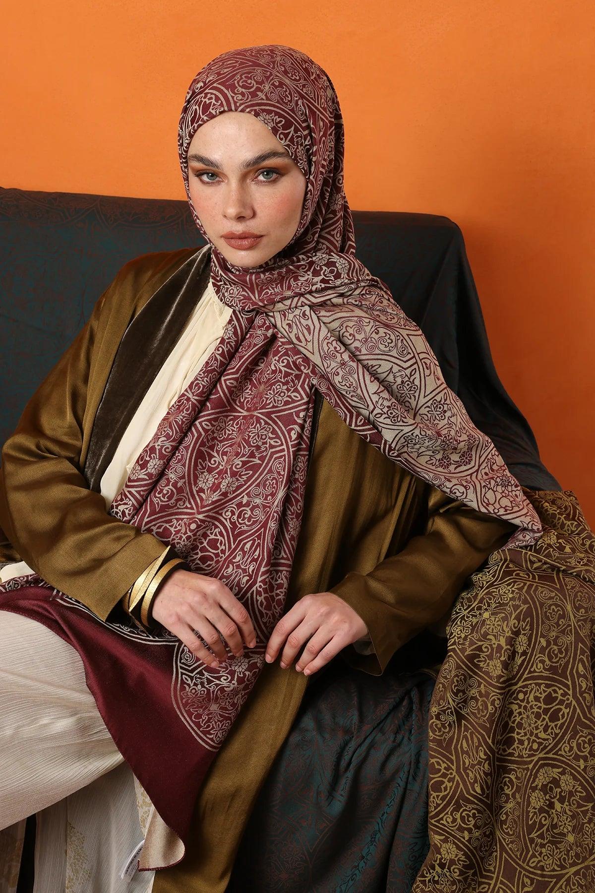 Mürdüm-Somon Morocco Desen Çift Taraflı Şal - görsel 3