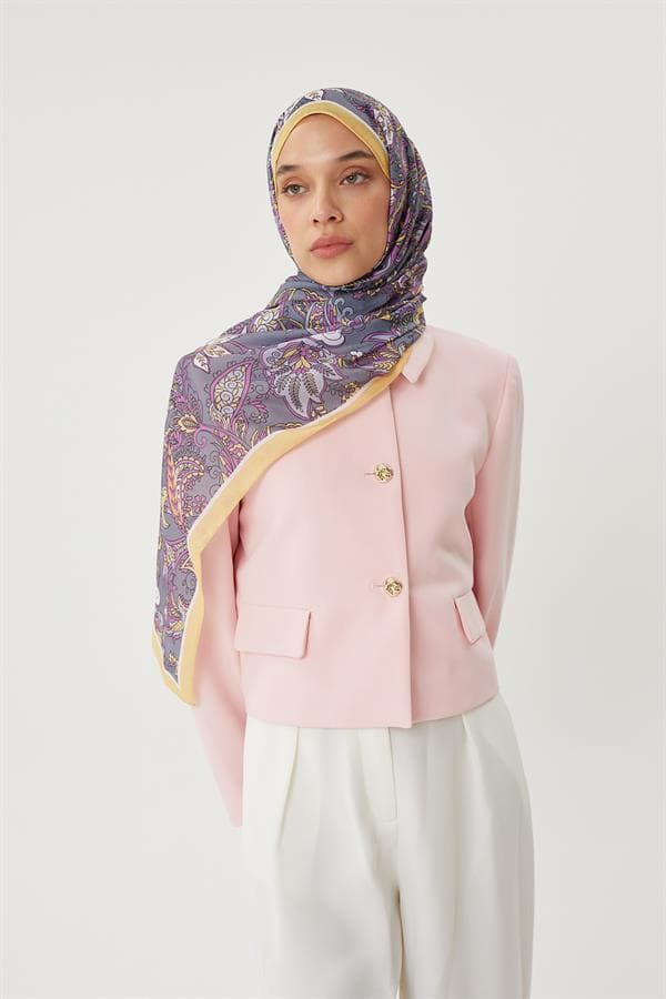 Pastel Sarı & Gri Retro Desen Şal - görsel 4
