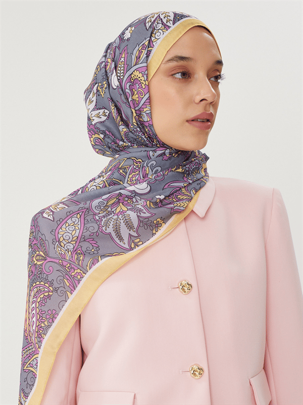Pastel Sarı & Gri Retro Desen Şal