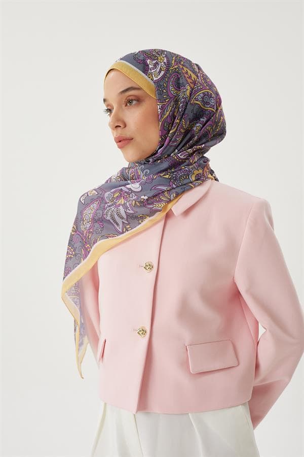Pastel Sarı & Gri Retro Desen Şal - görsel 7