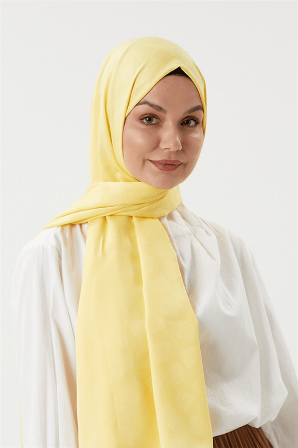 Pastel Sarı Taş Desen İpeksi Jakar Şal