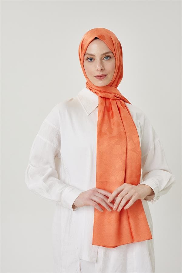 Pastel Turuncu Taş Desen İpeksi Jakar Şal - görsel 4