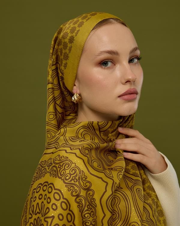 Saf Sarı & Buhur Kahvesi Bala Hatun Desen Şal - 44