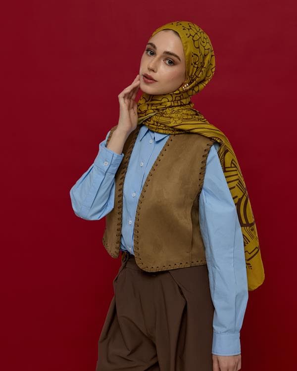 Saf Sarı & Buhur Kahvesi Harem Rüyası Desen Şal - 44 - görsel 6