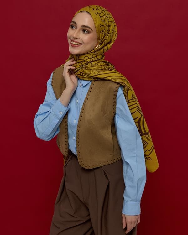 Saf Sarı & Buhur Kahvesi Harem Rüyası Desen Şal - 44 - görsel 5