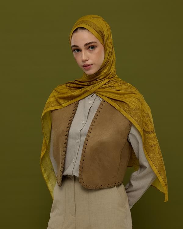 Saf Sarı & Buhur Kahvesi Hürrem Desen Şal - 44 - görsel 5
