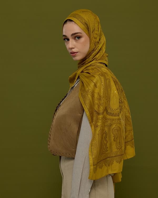 Saf Sarı & Buhur Kahvesi Hürrem Desen Şal - 44 - görsel 6