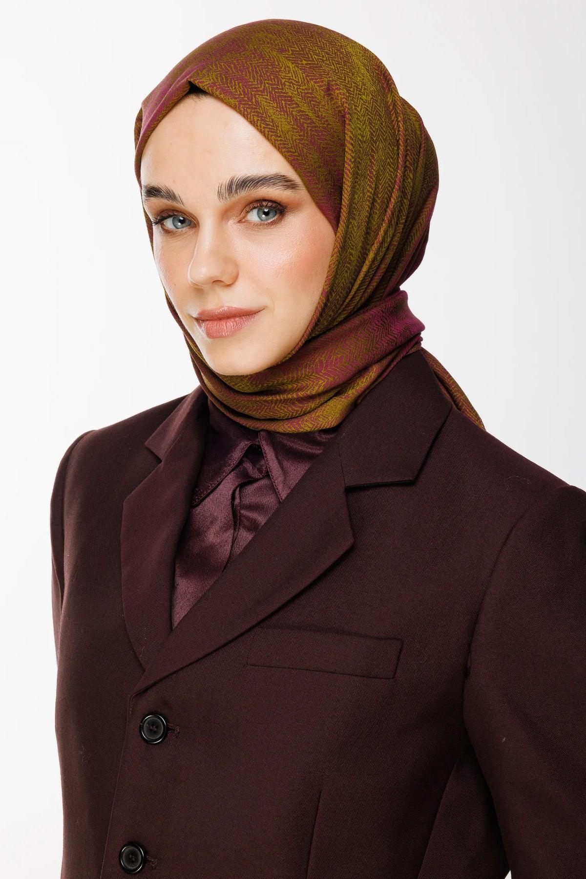Yağ Yeşili-Mürdüm Sahra Desen Çift Taraflı Şal - görsel 3