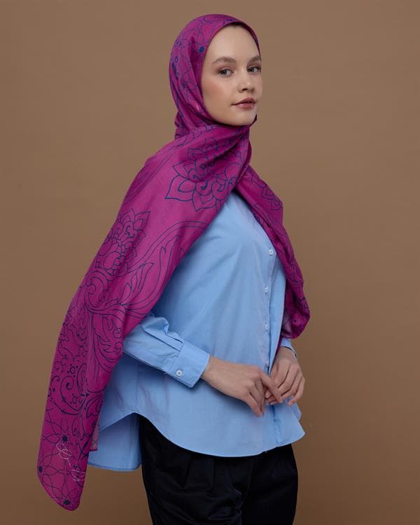 Şakayık Pembesi & Çini Mavisi Efsunlu Desen Şal - 06 - görsel 5