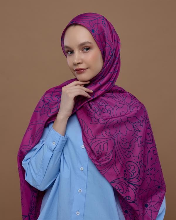 Şakayık Pembesi & Çini Mavisi Efsunlu Desen Şal - 06