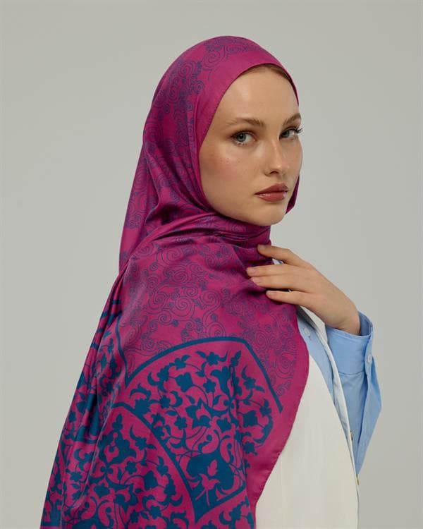 Şakayık Pembesi & Çini Mavisi Saraylı Desen Şal - 06