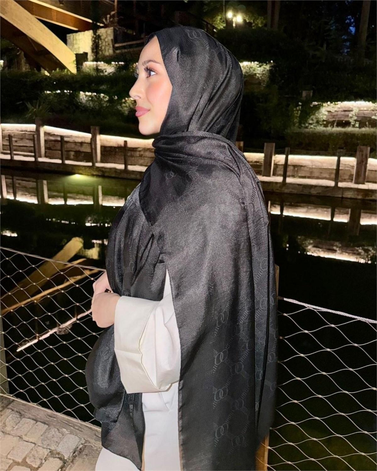 Siyah Imannoor Monogram Zincir Desen Pamuk Jakar Şal