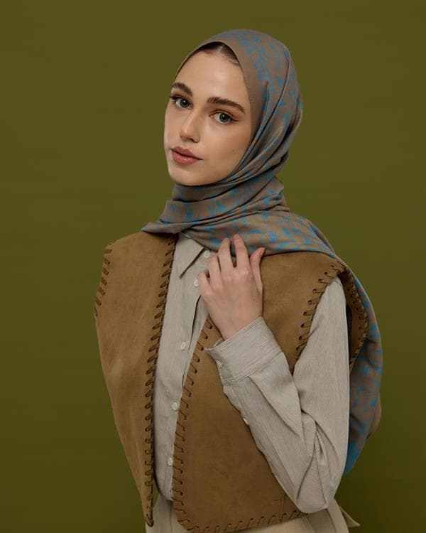 Tarçın Dumanı & Çakıl Mavisi Lale Bahçesi Desen Şal - 52 - görsel 5