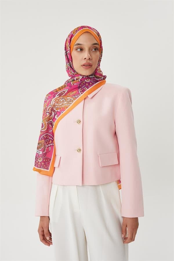 Turuncu & Fuşya Retro Desen Şal - görsel 3