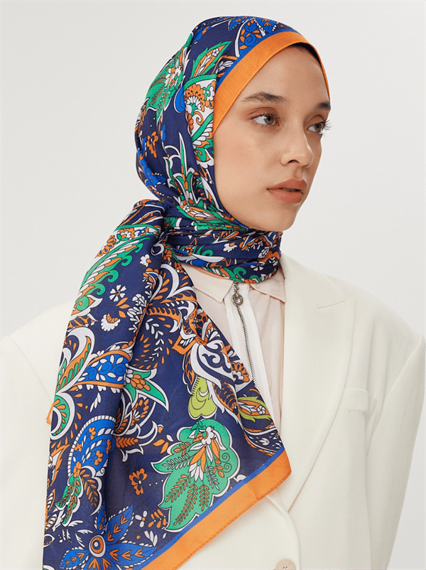 Turuncu & Lacivert Retro Desen Şal