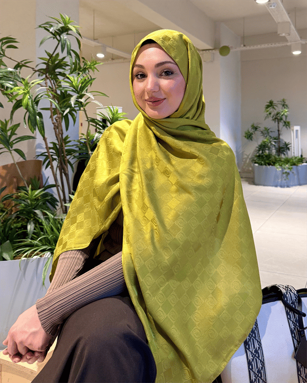 Yağ Yeşili Damier Desen Jakar Şal