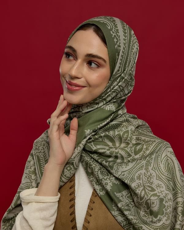 Zeytin Yeşili & Badem Kremi Sultani Desen Şal - 37