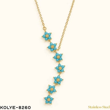 Çelik Çiçek Detay Mavi Y Kolye //KOLYE-8260KOLYE-8260